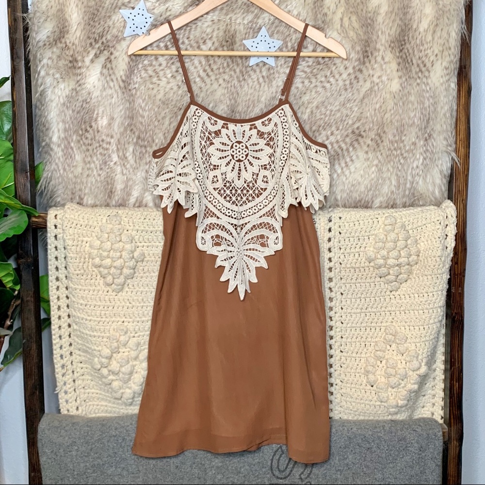 Leyendecker 100% Silk Off Shoulder Lace Dress